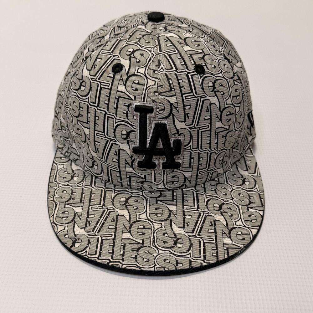 Los Angeles Dodgers Hat Cap Fitted Mens 7 Gray MLB Baseball New Era All Over